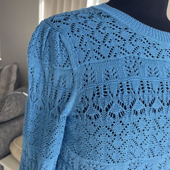 INTERMIX Sz S Pointelle knit Cotton  blue long sleeves - Picture 2 of 8